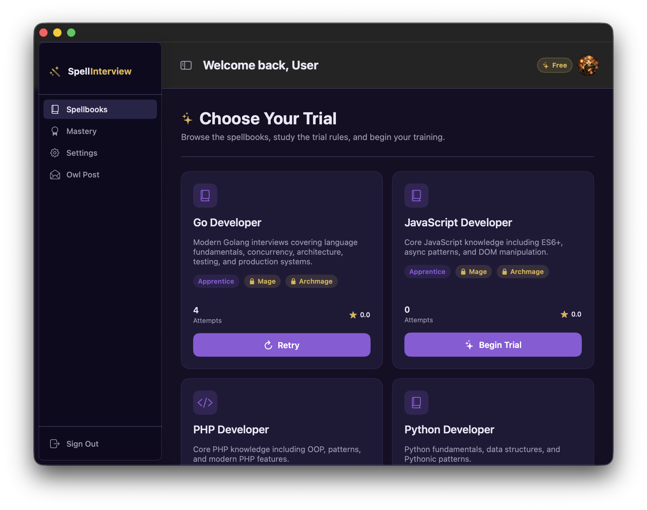 SpellInterview macOS spellbooks screen with developer interview topics and difficulty levels.