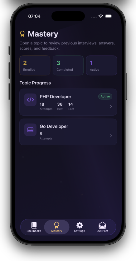 SpellInterview iOS Mastery screen showing enrolled, completed, active interviews, and topic progress.